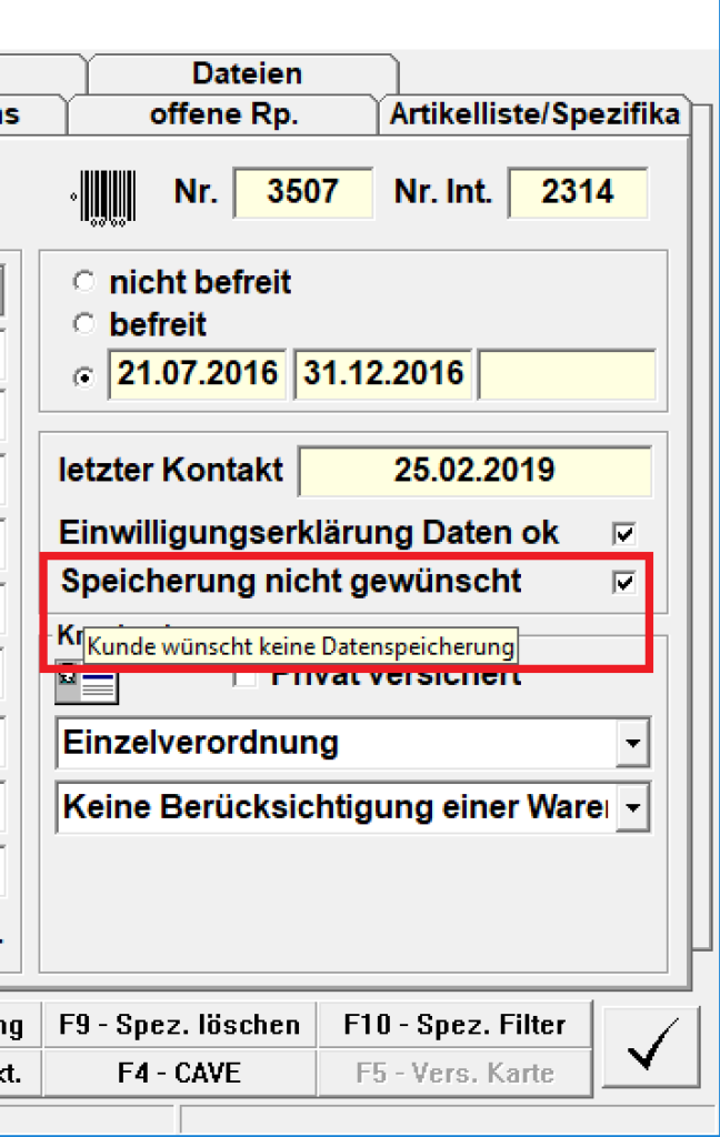 Speicherung Kundendaten nicht gewünscht